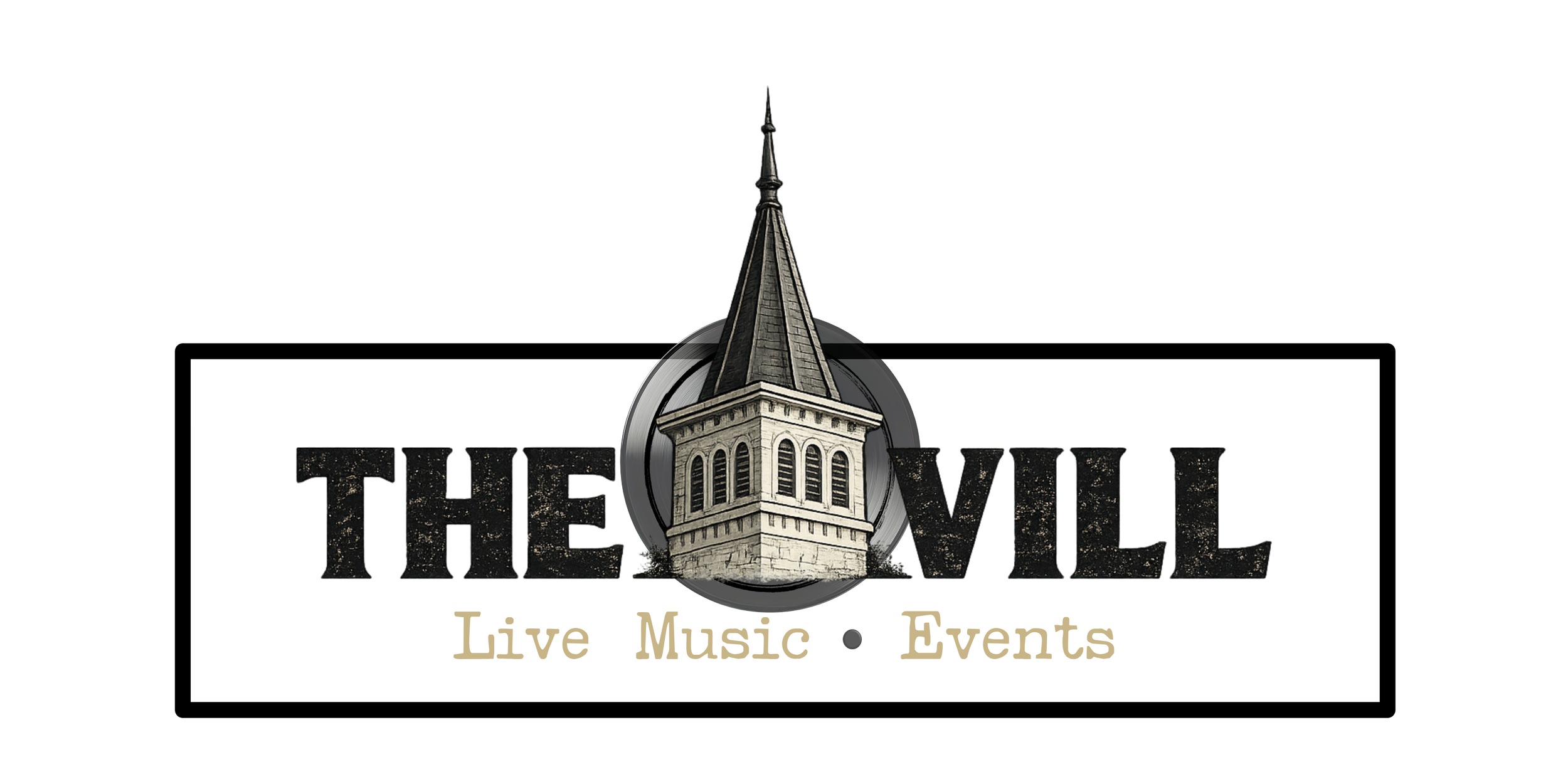 Logo of The Vill featuring the venue's historic church steeple and event information for live music and events.
