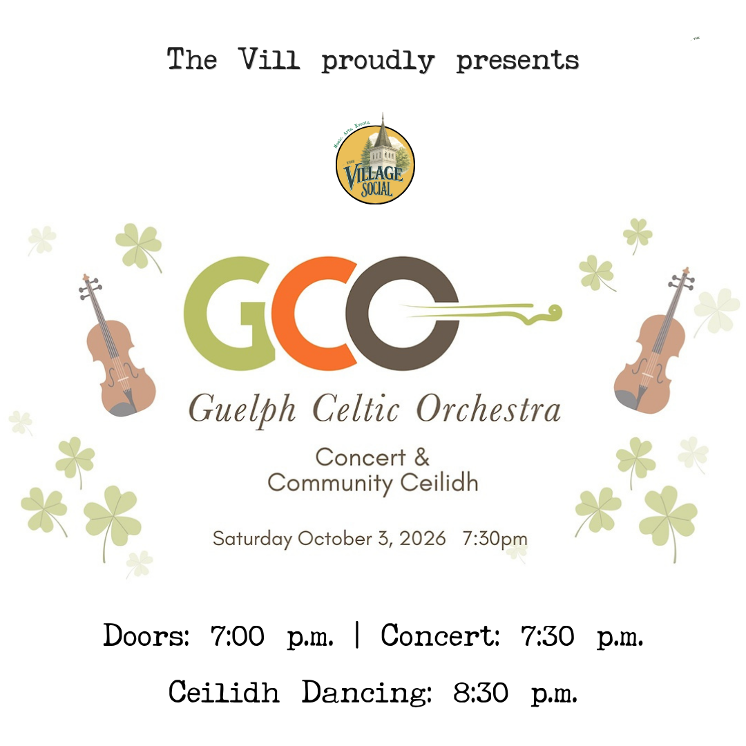 Event poster for Guelph Celtic Orchestra concert with details about date, time, and venue, featuring shamrocks, violins, and the Guelph Celtic Orchestra logo.