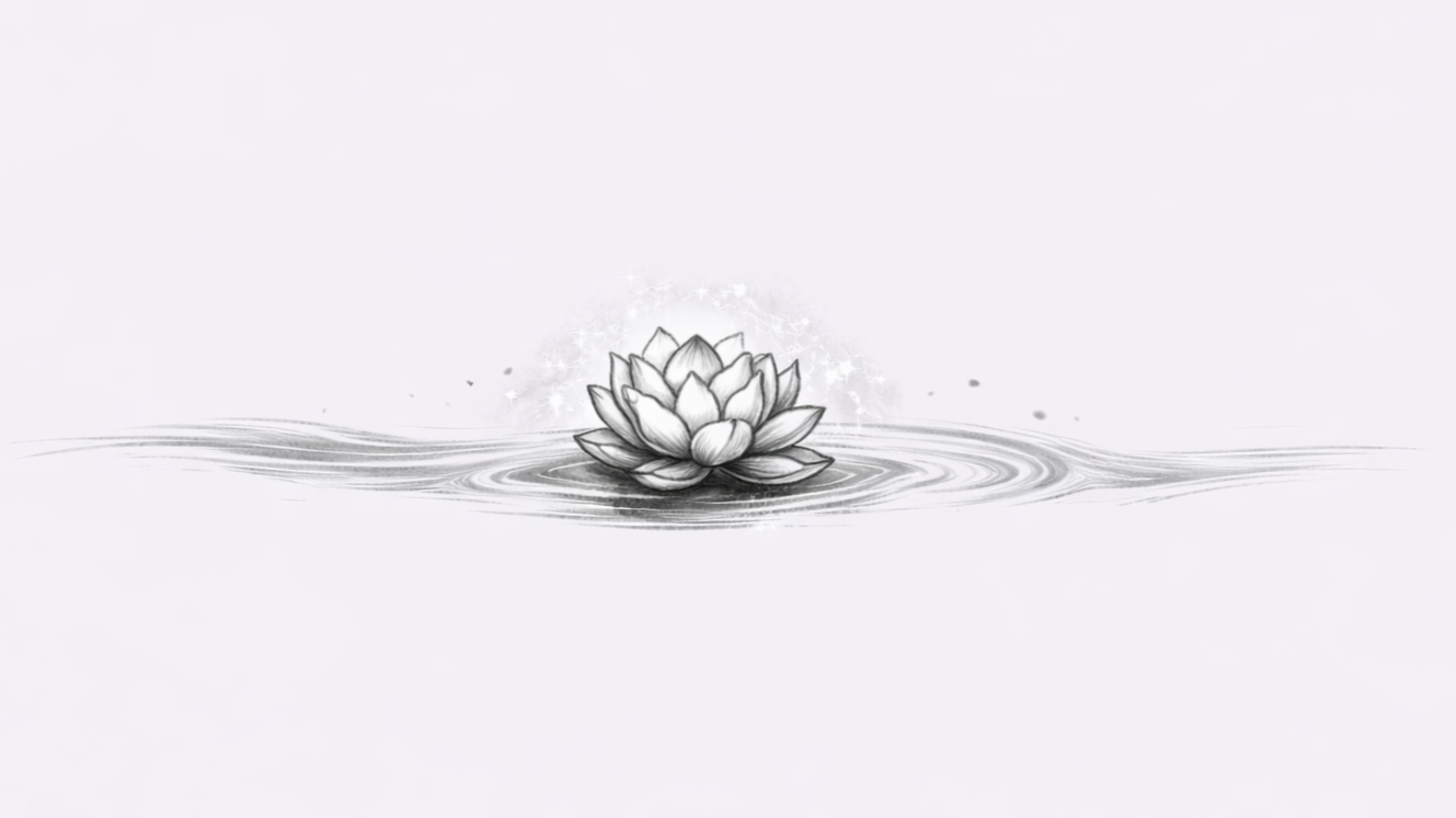 A black and white drawing of a blooming water lily floating on a calm water surface with ripples.
