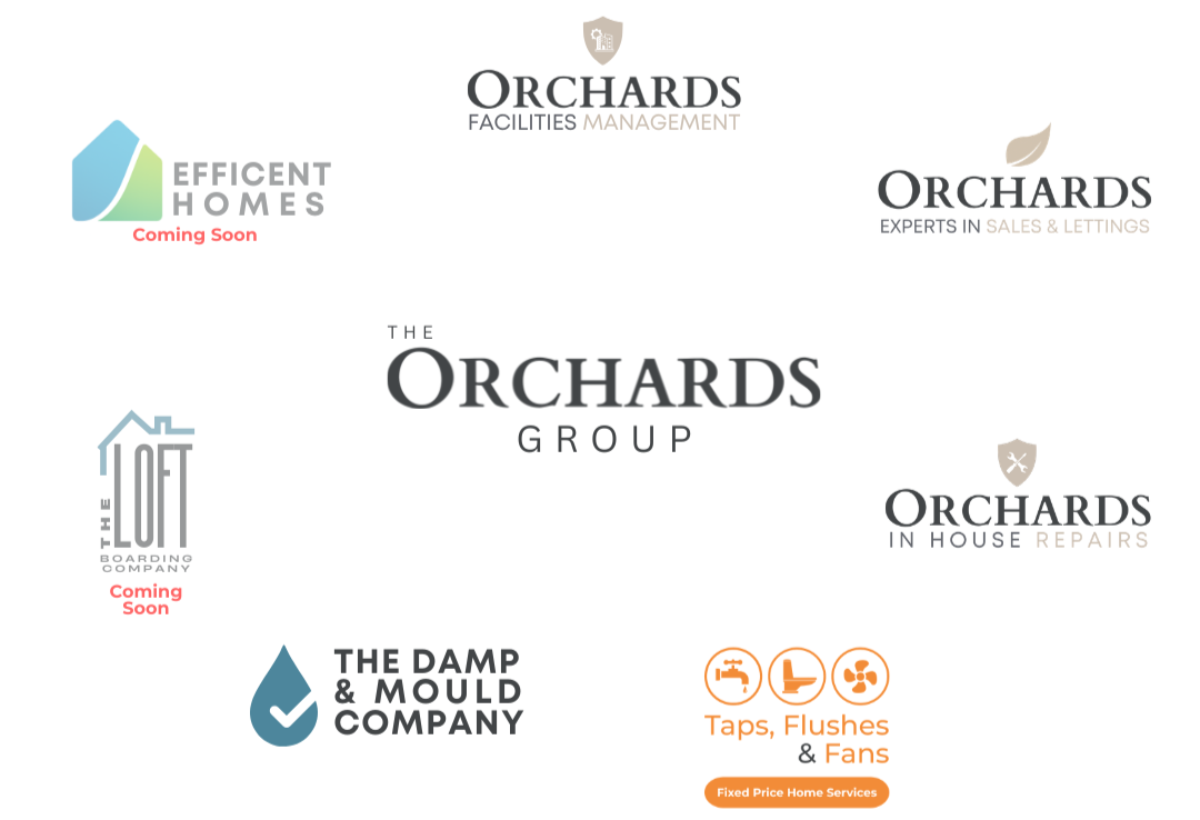 Collection of logos for The Orchards Group, including Orchards Facilities Management, Orchards Experts in Sales & Lettings, The Loft Boarding Company, The Damp & Mould Company, Effcient Homes (Coming Soon), and Taps, Flushes & Fans (Fixed Price Home Services).