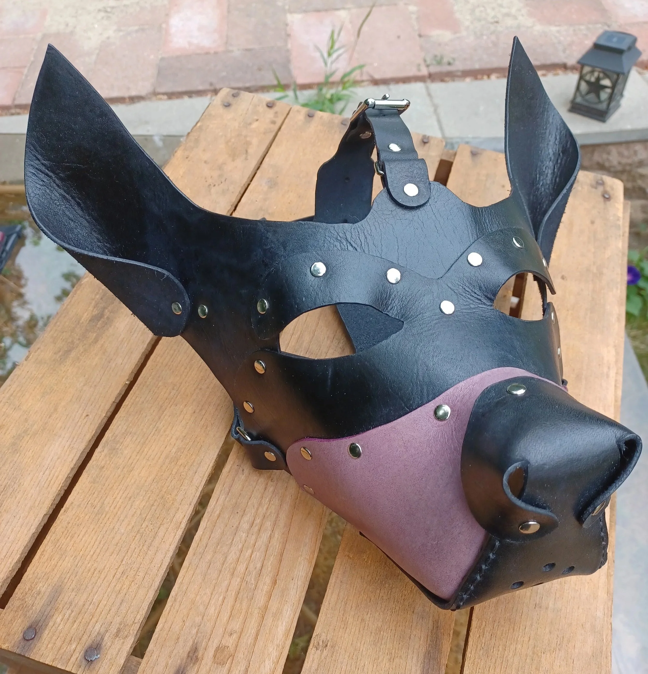 A black and violet leather pup mask