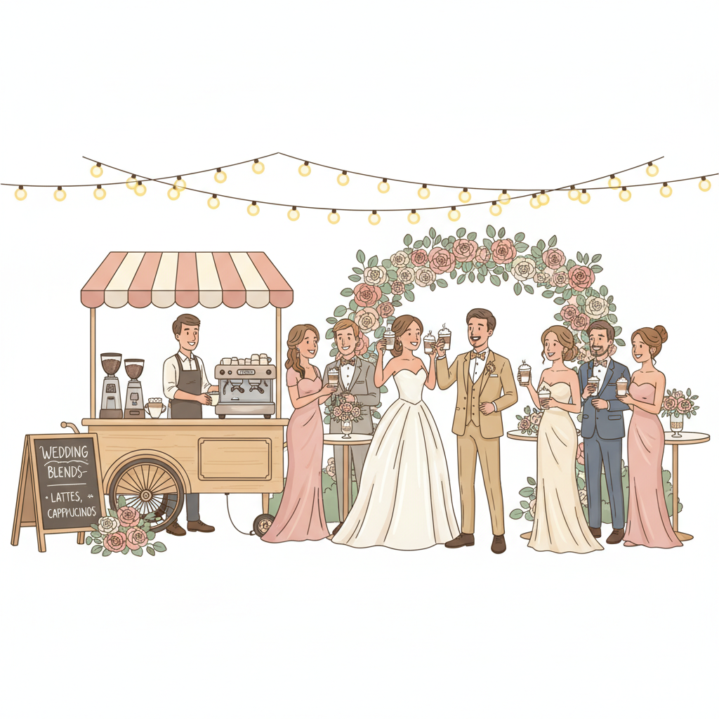 A wedding celebration with a bride and groom surrounded by friends. They are holding drinks under string lights and floral decorations, with a coffee stand nearby.