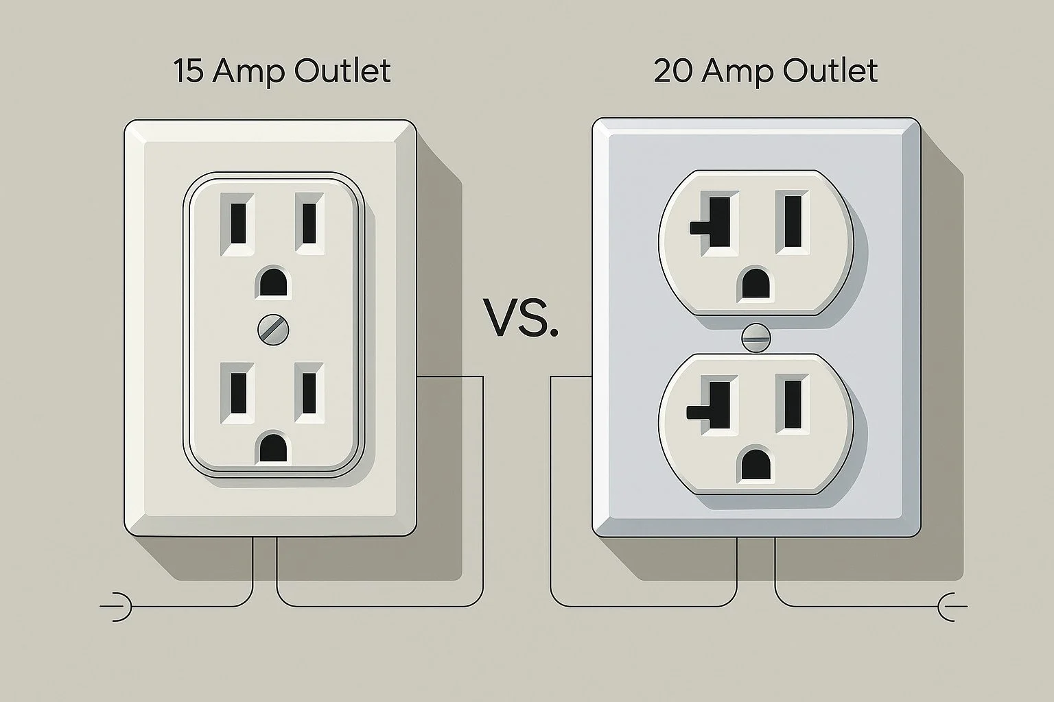 Comparison of two electrical outlets, a 15-amp outlet on the left and a 20-amp outlet on the right, with power cords plugged in.