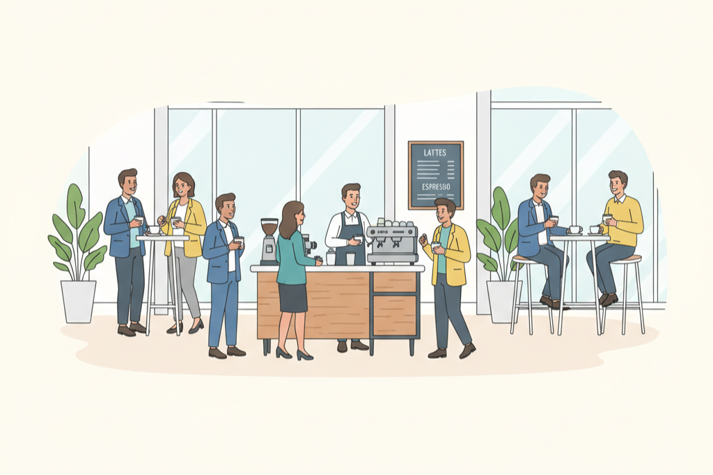 People inside a modern corporate office, ordering and enjoying drinks, with a barista making coffee behind the counter and seating areas with customers.