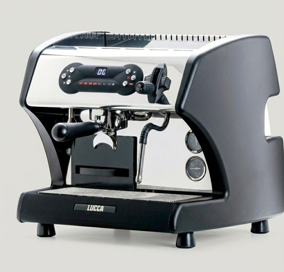 A modern compact espresso machine with a black and silver design, featuring a steam wand, control buttons, gauges, and a cup platform labeled 'LUCCA'.
