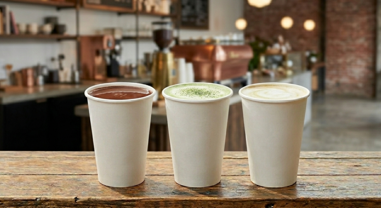 Three paper cups of hot beverages on a rustic wooden counter inside a cafe. The drinks appear to be hot chocolate, matcha latte, and a latte.
