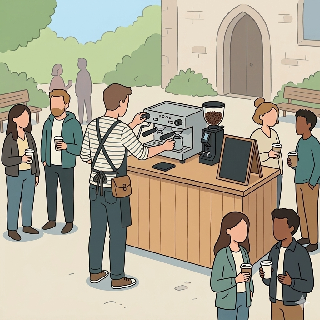 People gathered outside a coffee stand, ordering and holding cups of coffee, with a barista making espresso and a coffee grinder on the counter, during daytime.