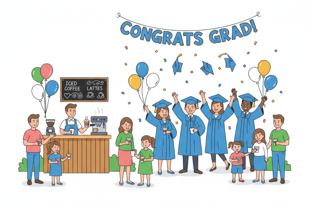 Graduates in caps and gowns celebrating with balloons and confetti at a graduation party, with a "Congrats Grad!" banner overhead and a coffee stand serving iced coffee and lattes.