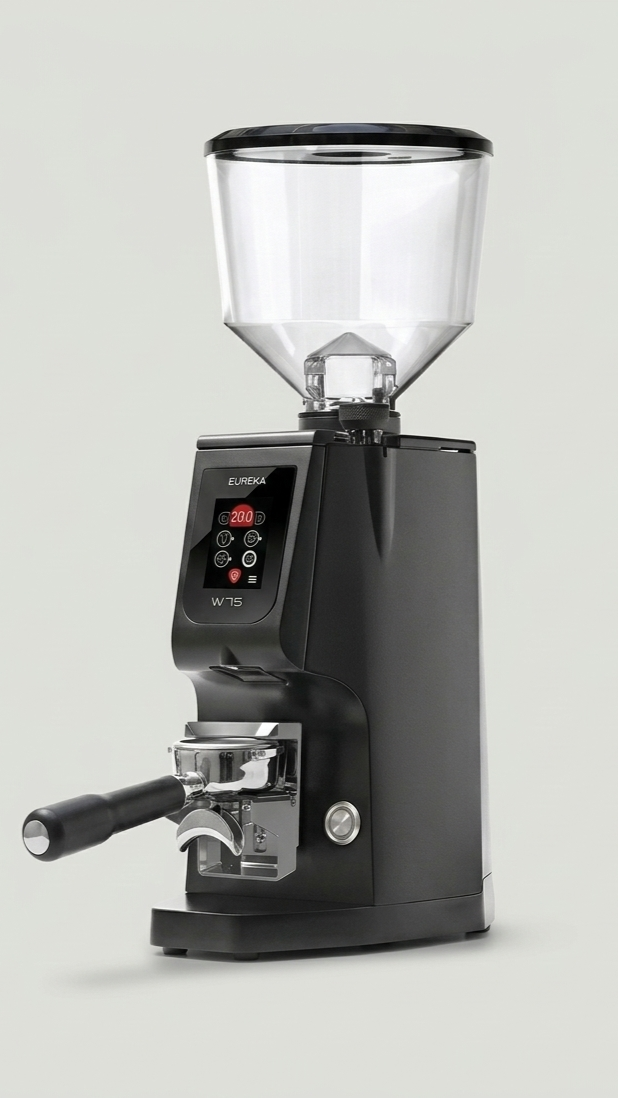 Black espresso machine with a transparent bean hopper on top and a portafilter attached at the front.