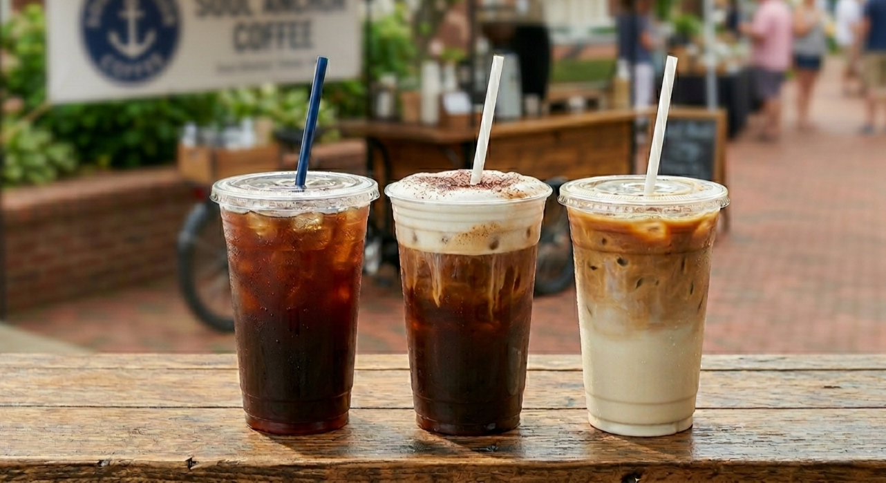 Three plastic cups of iced coffee with straws on a wooden table outside, with a blurred background of people and a coffee stand.
