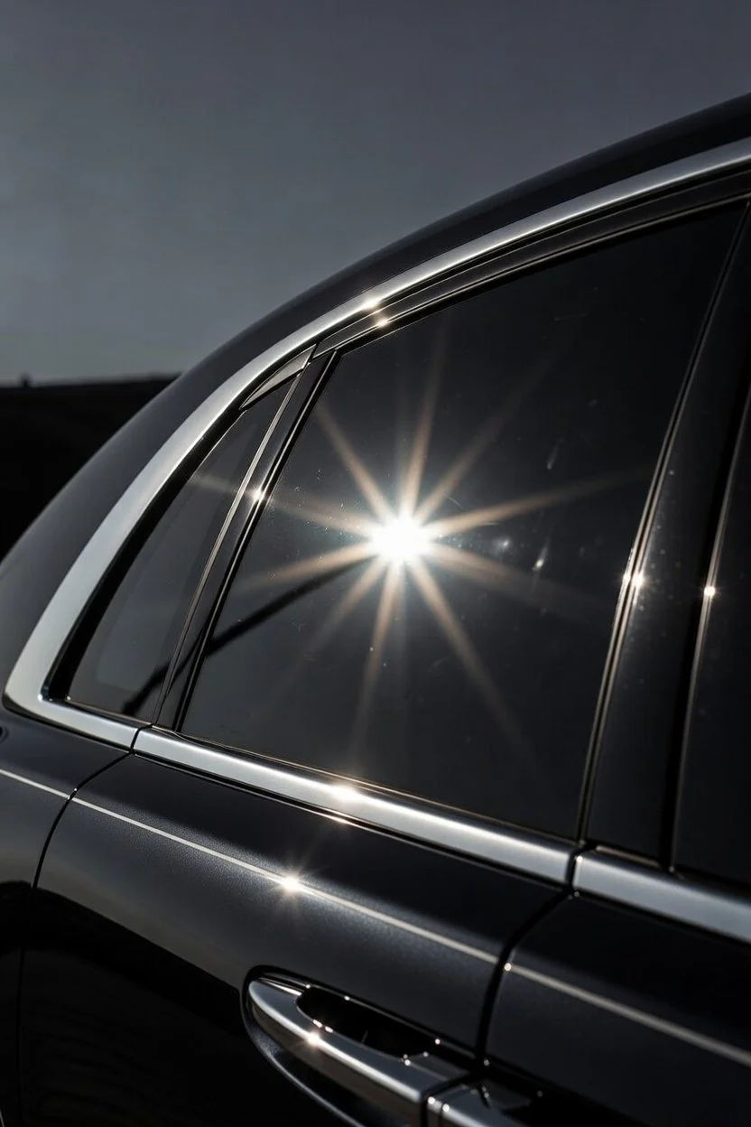 Close-up of a black car's window with sunlight reflecting off it
