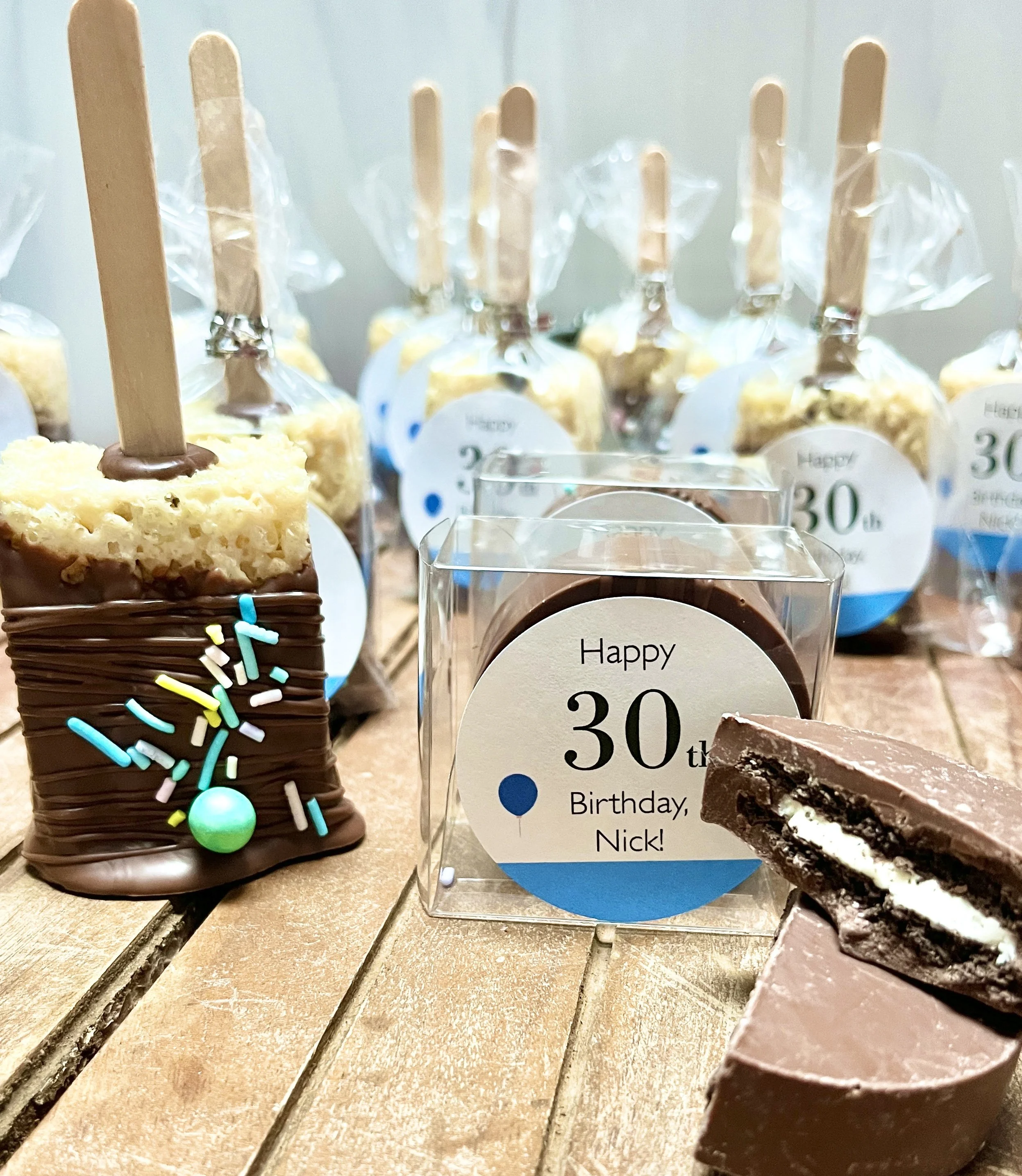 birthday party favors, chocolate rice krispy treats