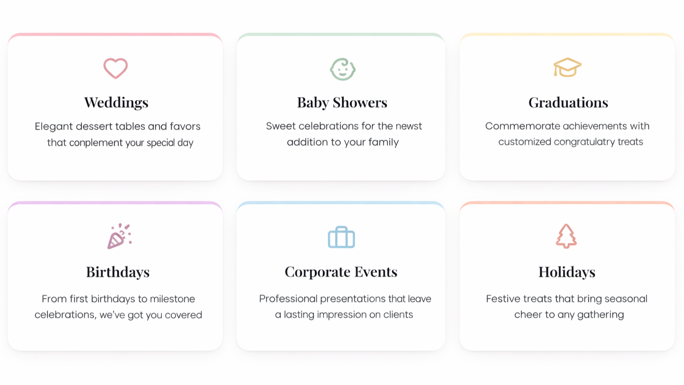 Six event categories presented as icons with descriptions: Weddings, Baby Showers, Graduations, Birthdays, Corporate Events, Holidays.