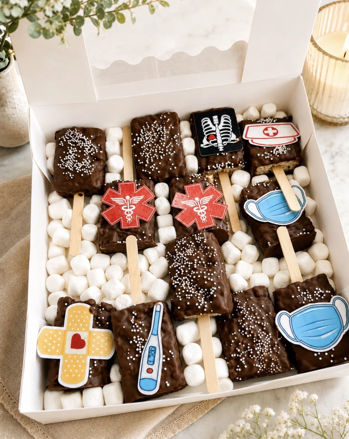 medical theme chocolate covered rice krispy treats