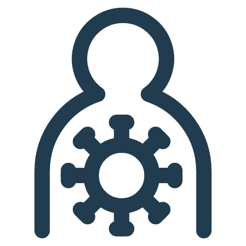 Person icon with a virus symbol in front of them representing the concept of COVID-19 or health risks.