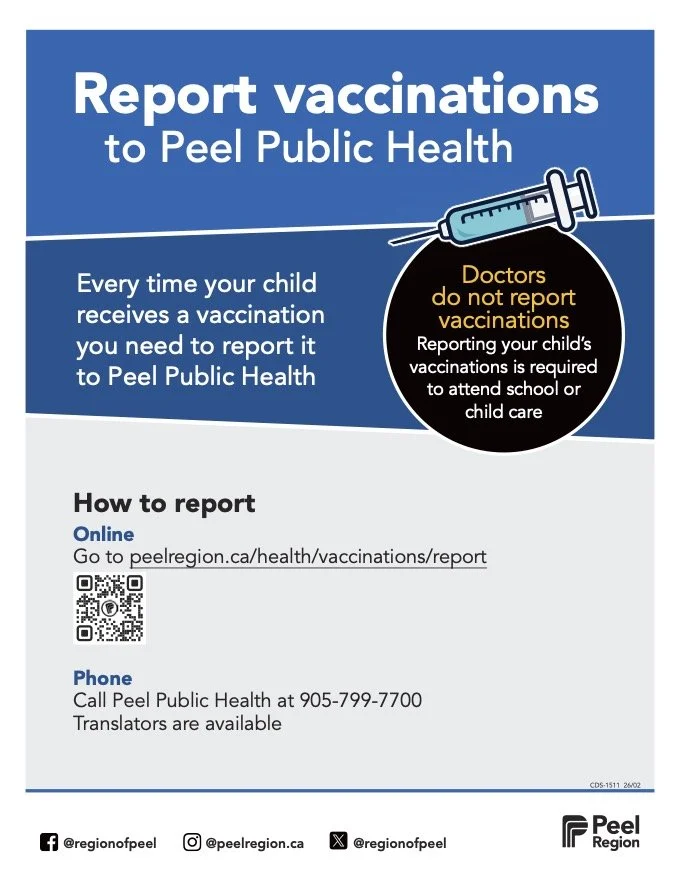 Public health information poster about reporting child vaccinations to Peel Public Health, featuring a syringe graphic, UV blue and white color scheme, and contact details including a website, phone number, and social media handles.