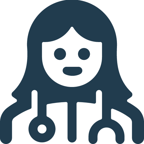 Blue and white icon of a doctor wearing a stethoscope