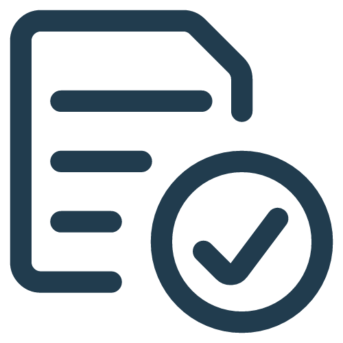 Icon of a document with a checkmark in a circle, representing a completed or verified document.
