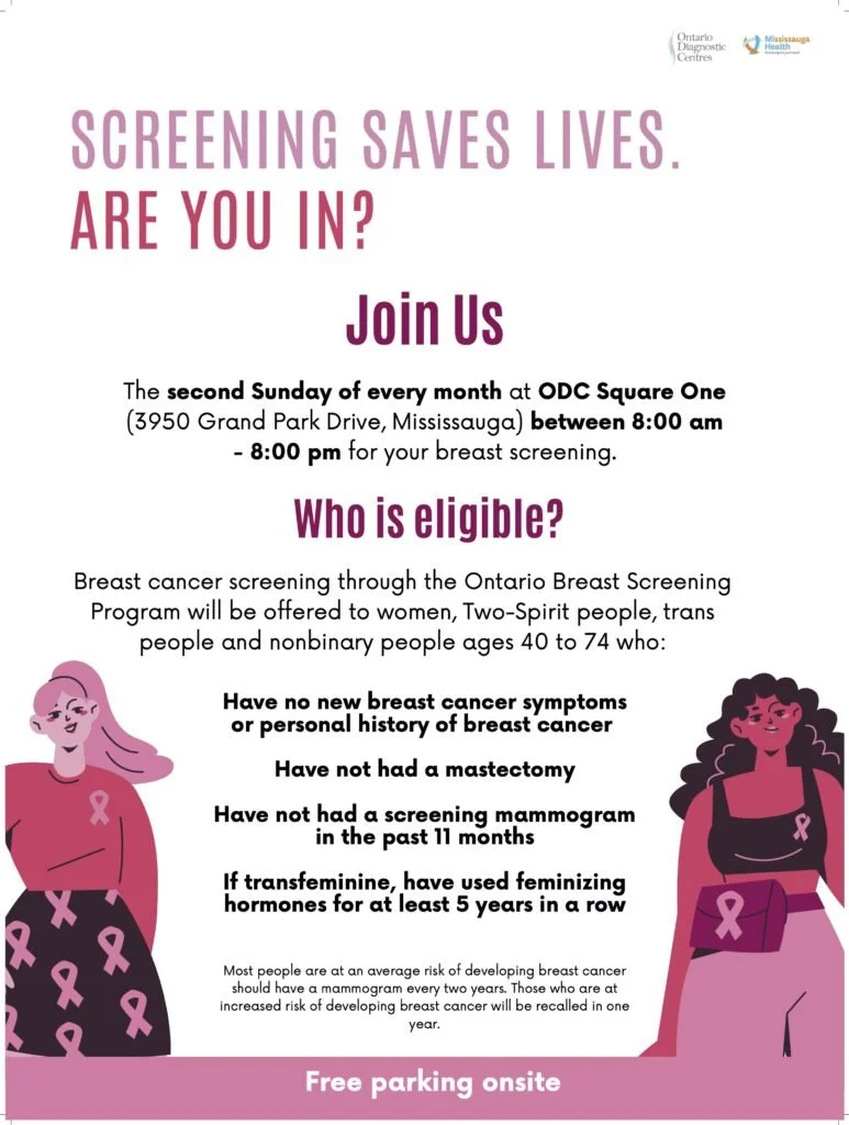 Breast Screening Clinic Flyer - second Sunday of every month at ODC Square One 3950 Grand Park Drive, Mississauga 8am to 8pm