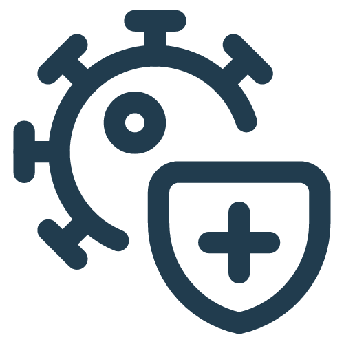 Icon of a virus with a shield and plus sign, representing health protection against viruses.