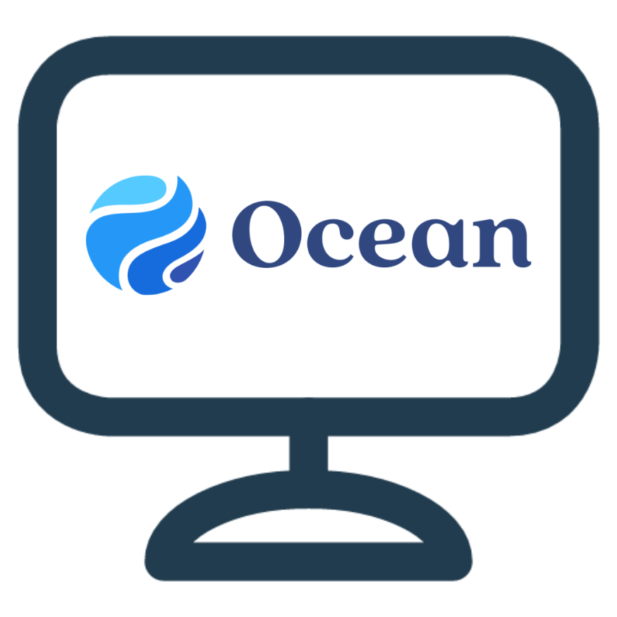 Computer monitor displaying the Ocean logo with a stylized wave icon.