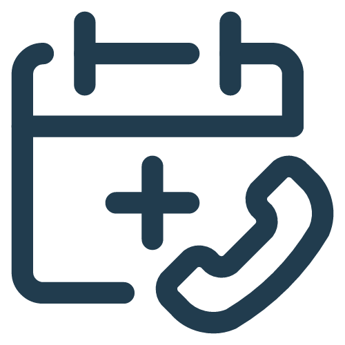 Icon of a calendar with a plus sign and a telephone receiver, indicating scheduling a call or appointment.