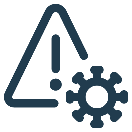 Warning triangle with an exclamation mark and a virus or bacteria icon.