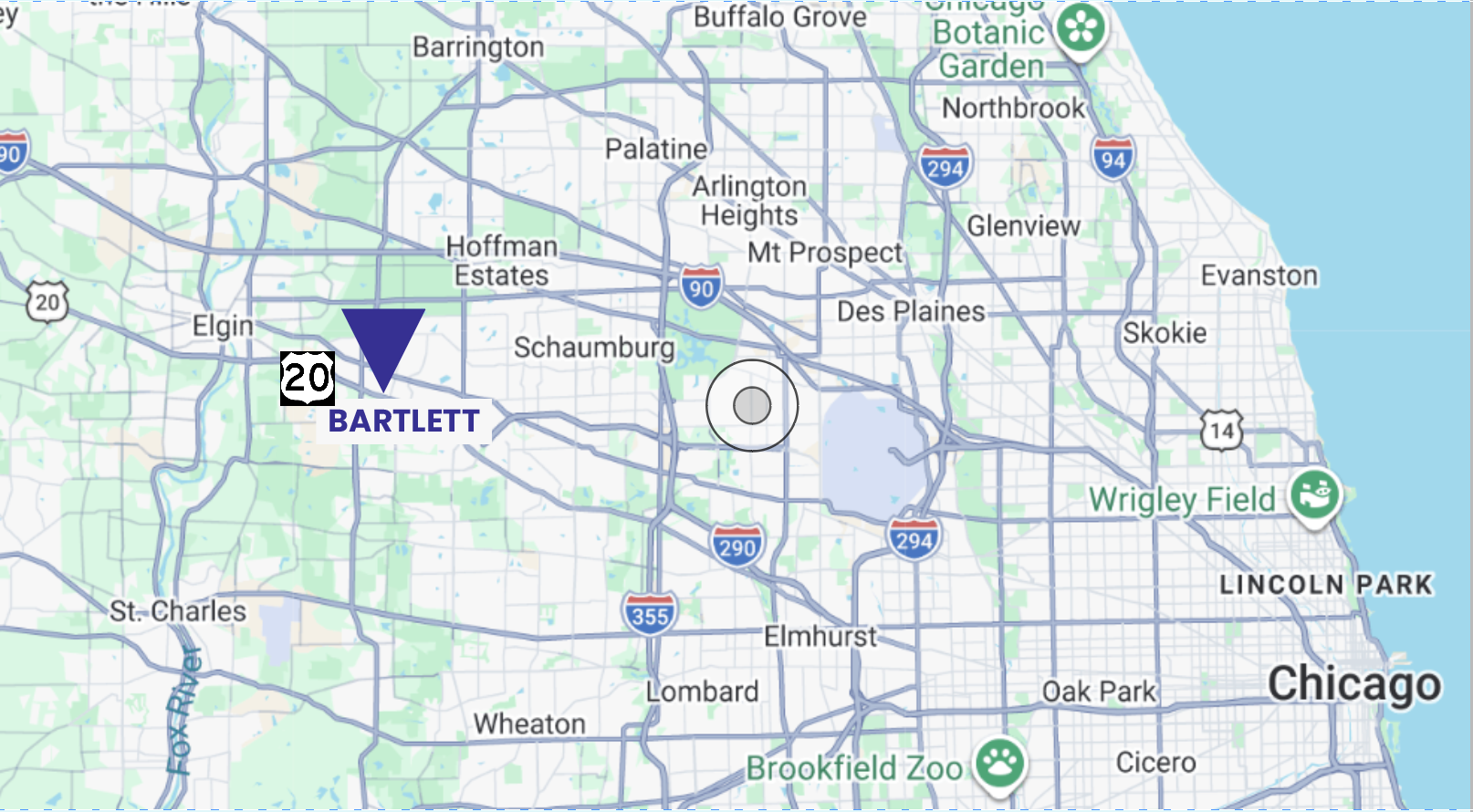 Map of Chicago area showing a location marked as Bartlett with a blue arrow and label.