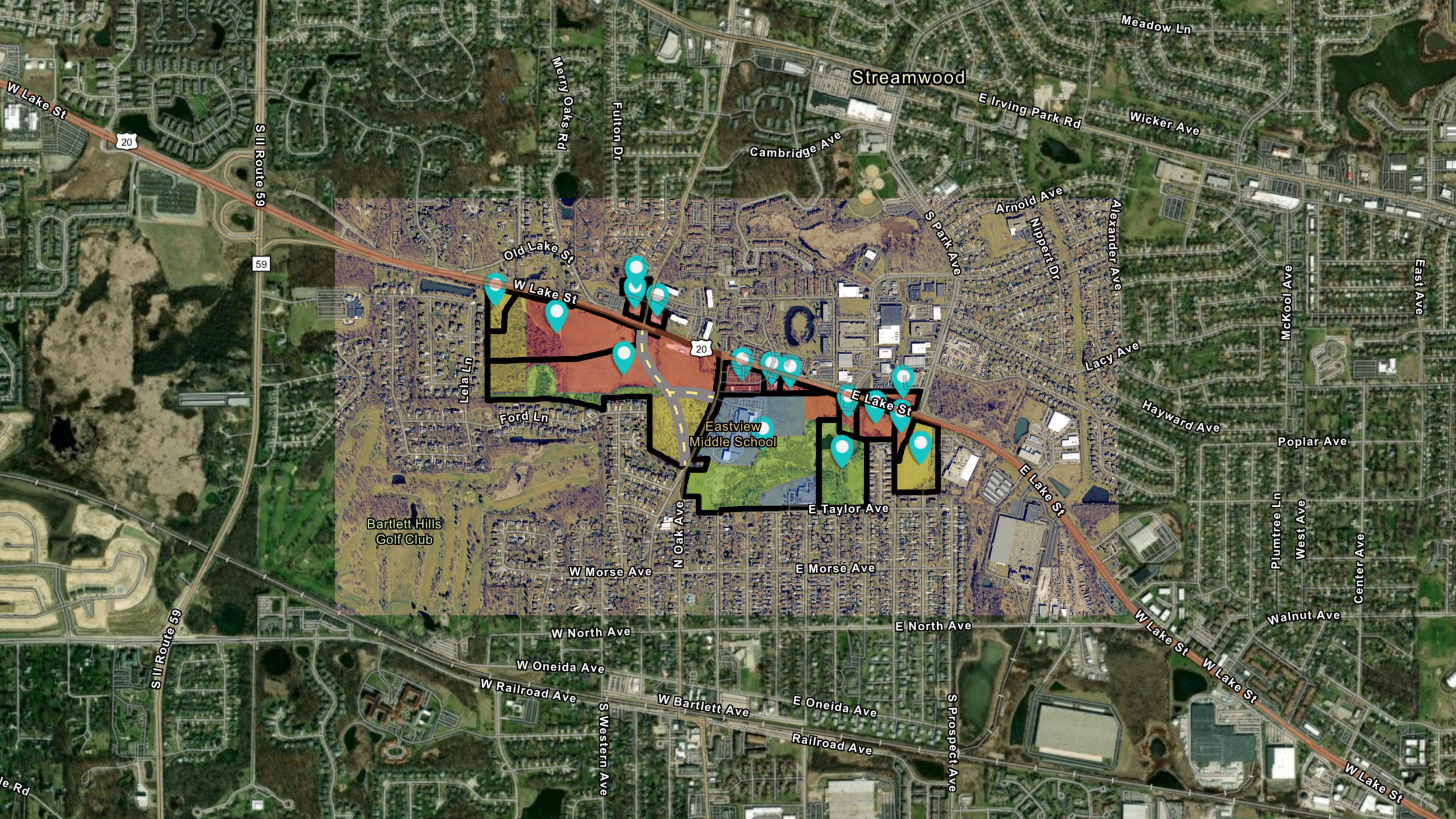 An aerial map showing streets, neighborhoods, and landmarks such as Eastview Middle School, Bartlett Hills Golf Club, and various streets like W Lake St and E Lake St.