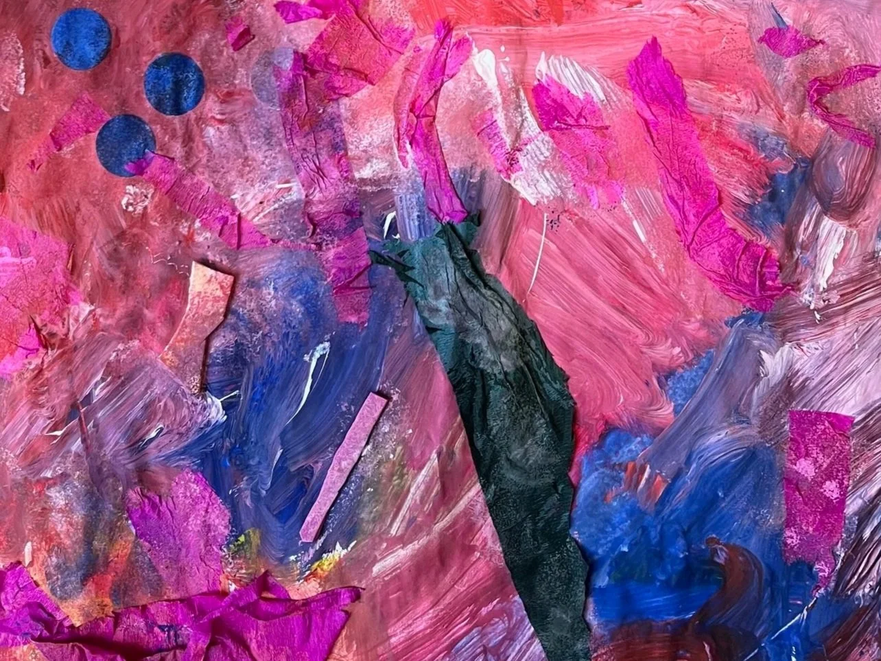 Abstract colorful painting with pink, blue, purple, and black brushstrokes and circular shapes.