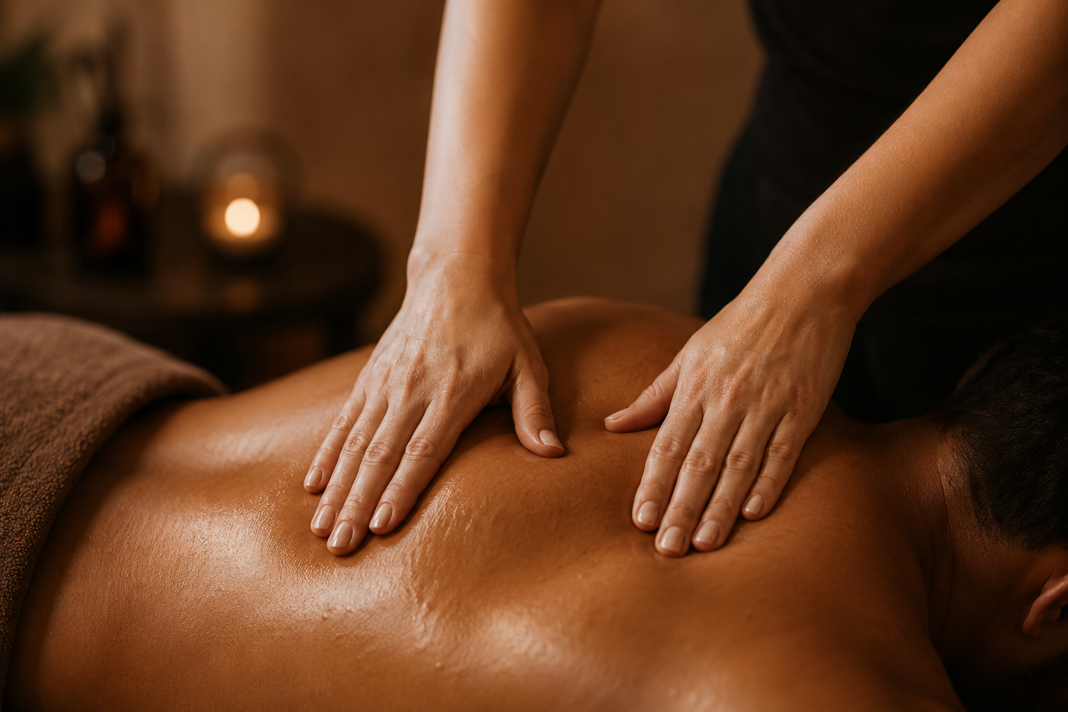 A person receiving a back massage in a dimly lit room.