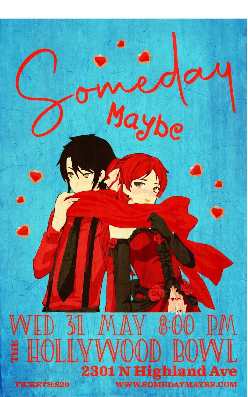 Anime-style illustration of a boy with black hair and a girl with red hair, both dressed in red and black outfits, with the girl wearing a red cape and holding her arm up to her face, surrounded by floating red and orange hearts. The background is bl
