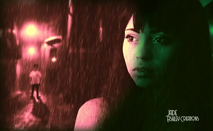 A digital artwork showing a woman with dark hair and green tint on the right side, and a rainy street scene with a person walking away on the left side, with pink and green lighting.