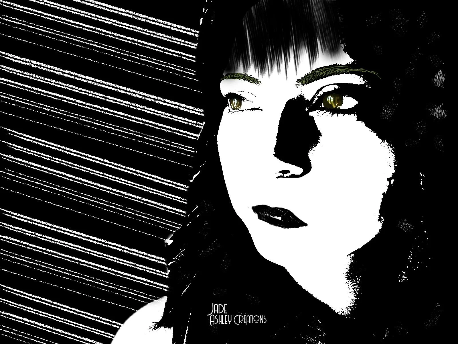 Stylized black and white portrait of a woman with short dark hair, light eyes, dark lipstick, and freckles, with a background of diagonal white lines on a black backdrop. The text 'Jade Ashley Creations' is at the bottom.