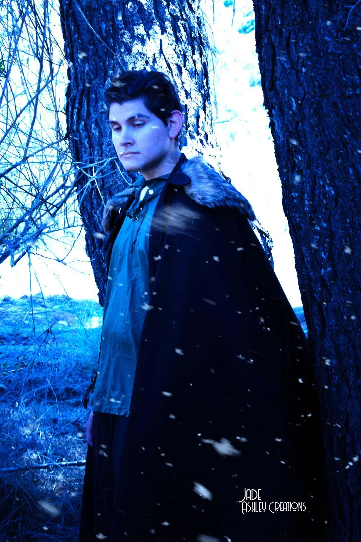 A young man with dark hair and fair skin standing next to a large tree, wearing a dark cloak with a fur collar during a snowy day with snowflakes falling around him.