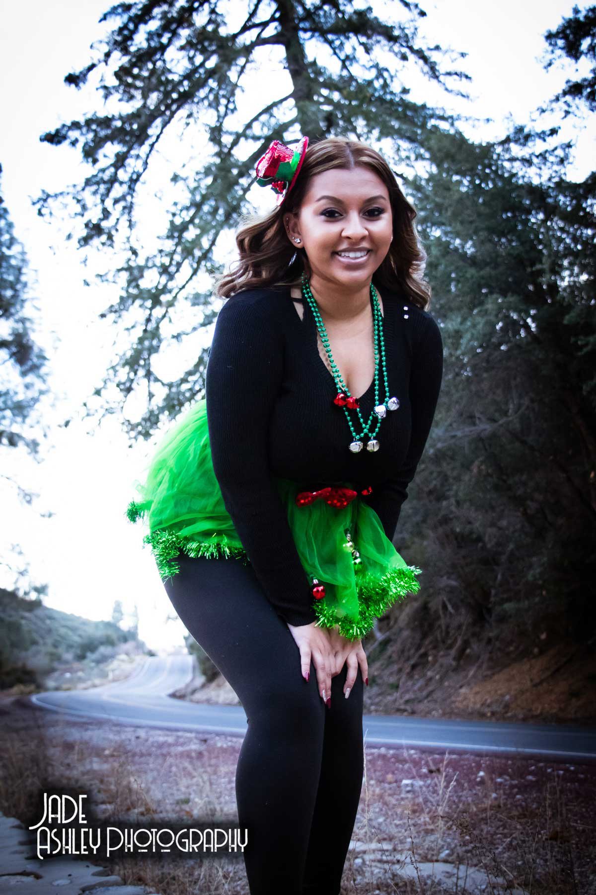 woman in green skirt and xmas attire