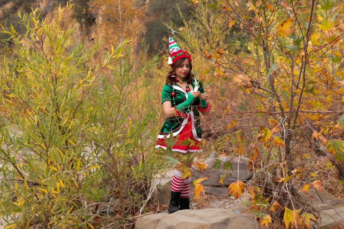 A woman dressed as an elf standing on a rock among autumn-colored plants and trees, looking at her phone.