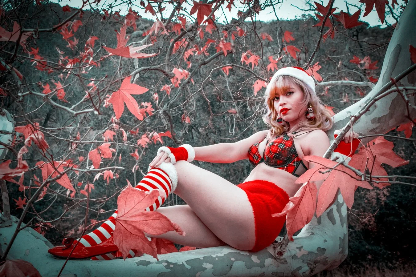 A woman dressed in a Christmas-themed outfit with a plaid bra, red shorts, and striped stockings, sitting on a tree branch surrounded by red autumn leaves.