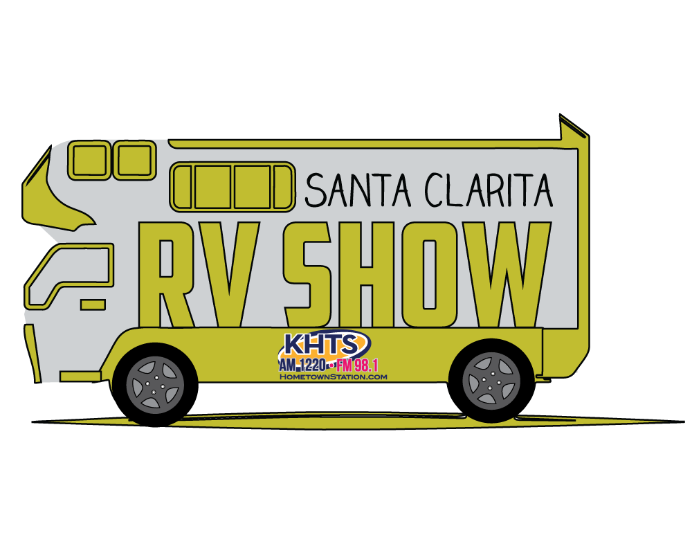 Illustration of a recreational vehicle (RV) with event and radio station logos, promoting the Santa Clarita RV Show.