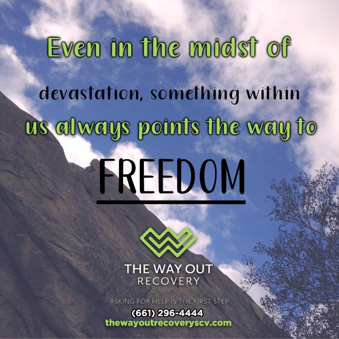 Inspirational quote over a mountain and sky background: 'Even in the midst of devastation, something within us always points the way to freedom.' Contact information and website for The Way Out Recovery. 