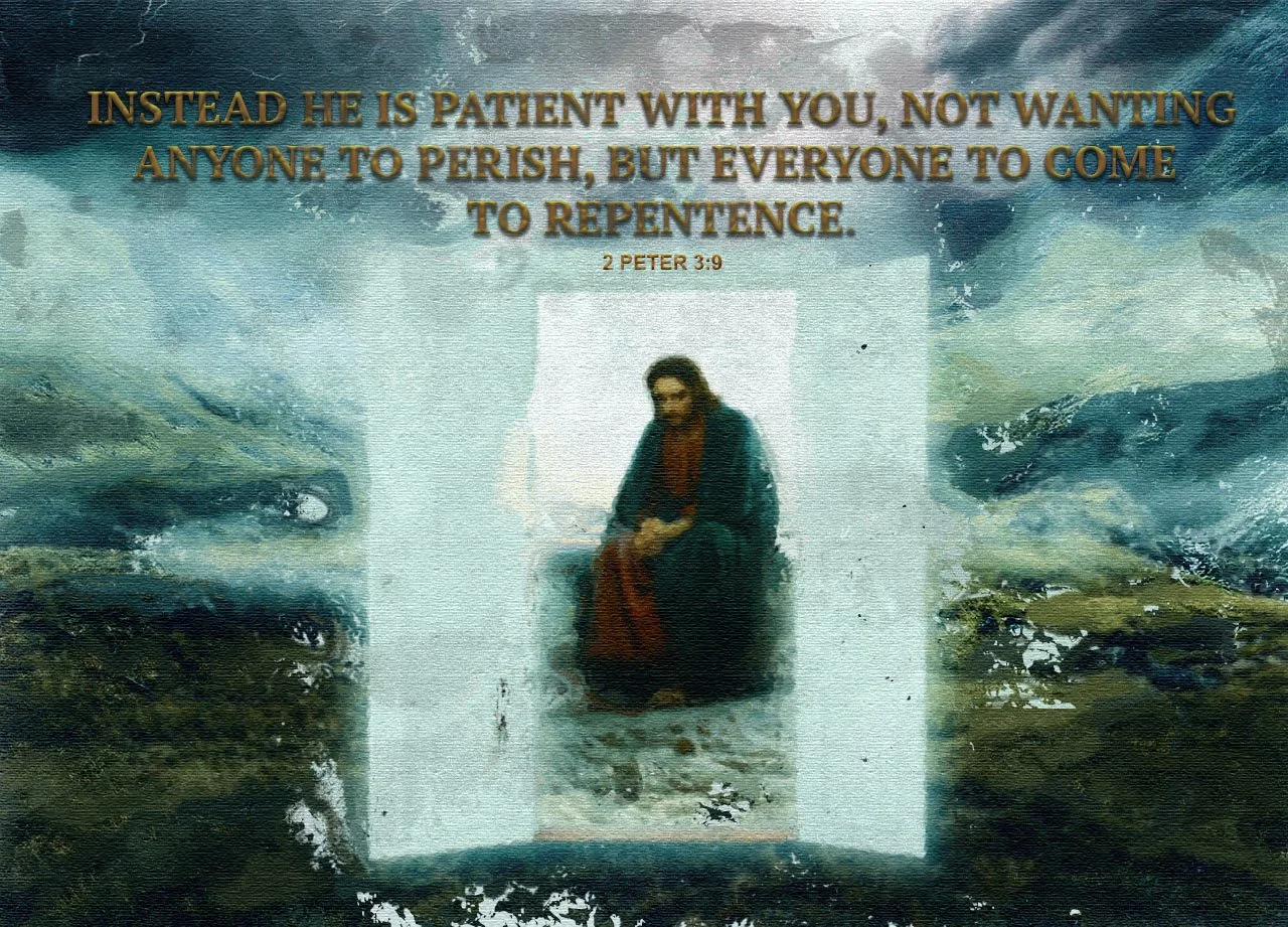 An artistic depiction of Jesus Christ sitting on a throne with a quote from 2 Peter 3:9 at the top, surrounded by abstract blue and green watercolor-like backgrounds.