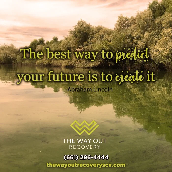 A nature scene with a river, trees, and a partly cloudy sky at sunset, featuring an inspirational quote about creating your future by Abraham Lincoln.