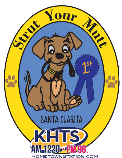 Logo of Santa Clarita's pet radio station KHTS with a cartoon puppy wearing a collar with an 'KHIS' tag, a blue ribbon with '1st' on it, and the phrase 'Strut Your Mutt'.