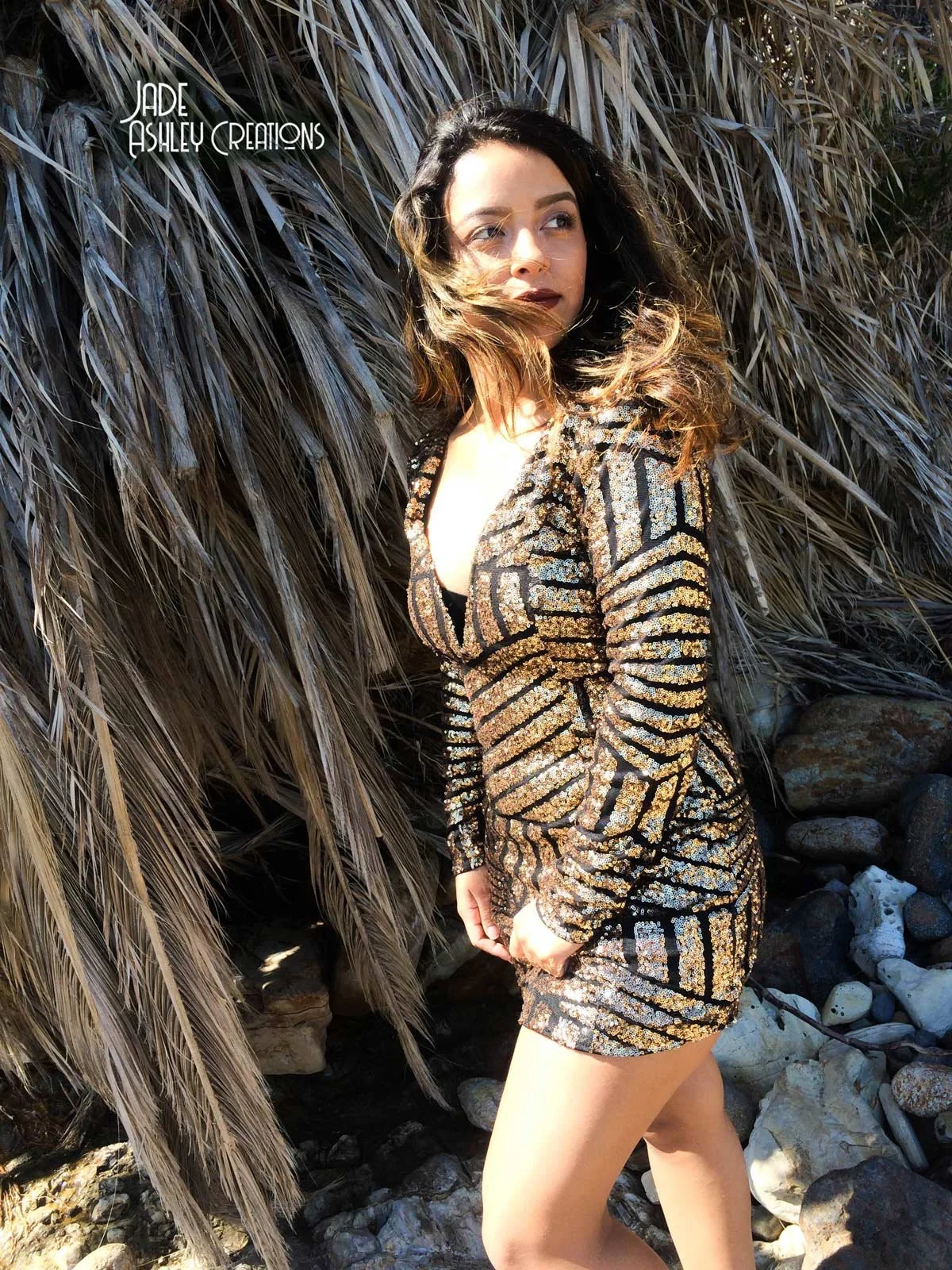 Woman with shoulder-length hair and dark lipstick standing near rocks and dried palm leaves, wearing a shiny, patterned dress with black and gold stripes.