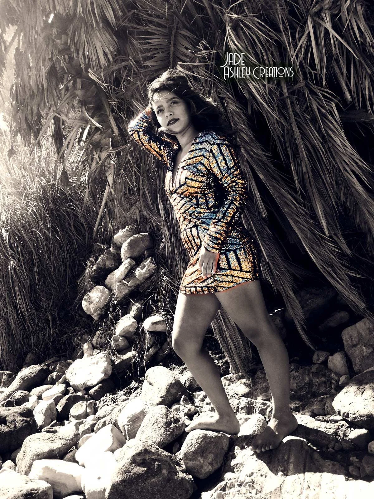 A woman posing outdoors on rocky ground, dressed in a jewel-toned, patterned dress with long sleeves. The background features tall, dry plants and a cluster of rocks. The image is in black and white with the dress in color, and the woman has dark, wa