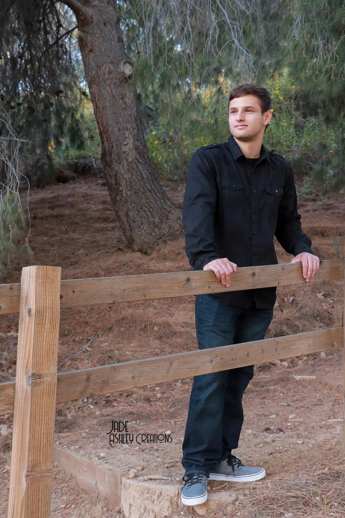 A young man wearing a black shirt and jeans stands behind a wooden fence in a wooded area with pine trees and dry ground.