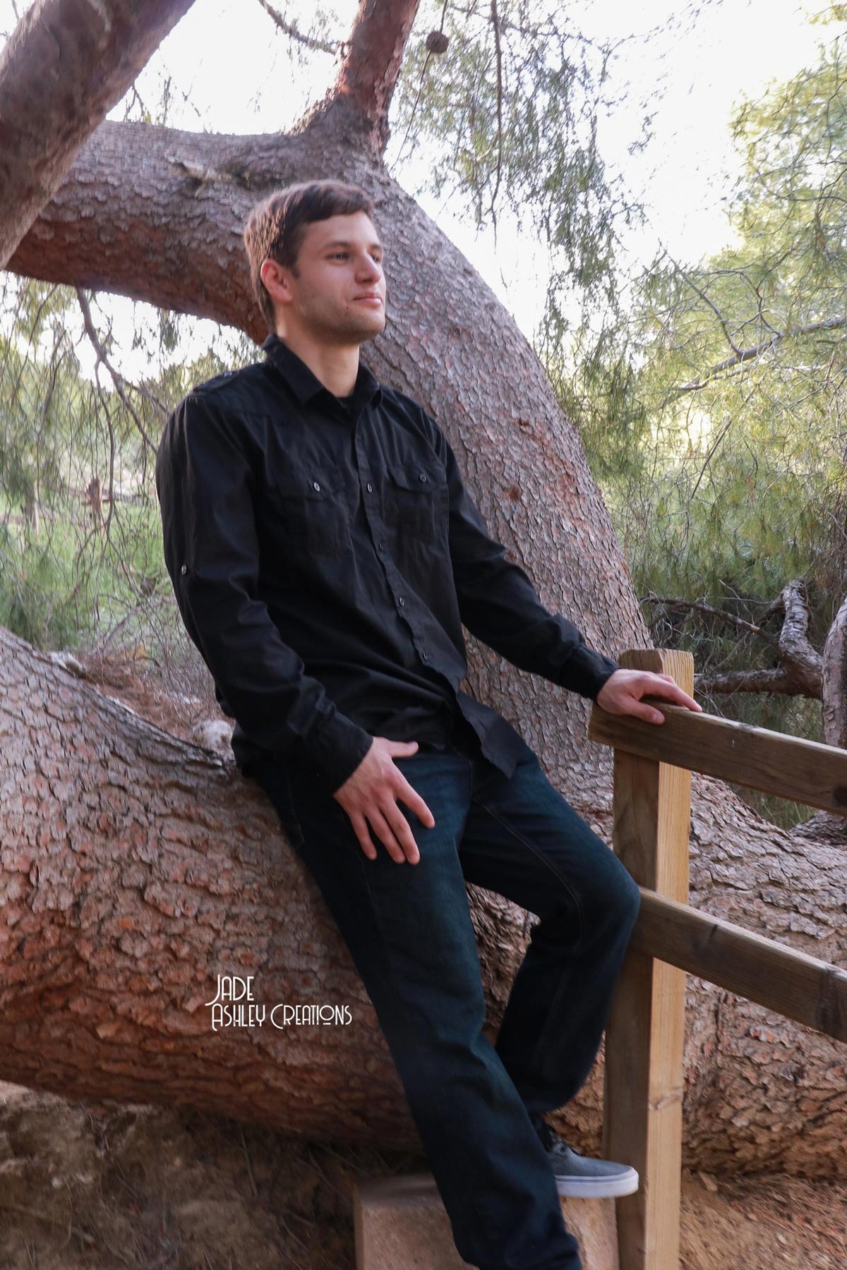 A young man in a black shirt and jeans sitting on a tree branch beside a staircase. Trees and greenery are in the background.