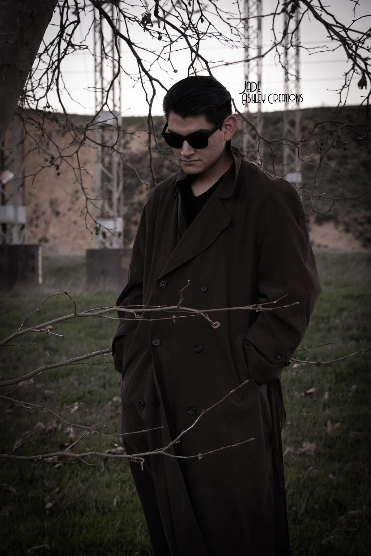 A man with dark hair and sunglasses wearing a dark brown overcoat stands outdoors near a tree with bare branches, with a hill and power lines in the background during dusk.