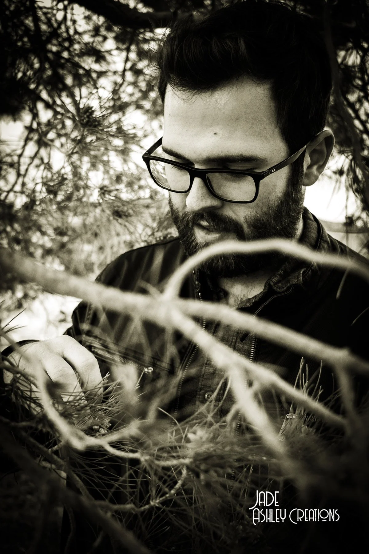 A man with glasses, a beard, and dark hair is looking down and holding a branch among pine tree branches in a black-and-white photo.