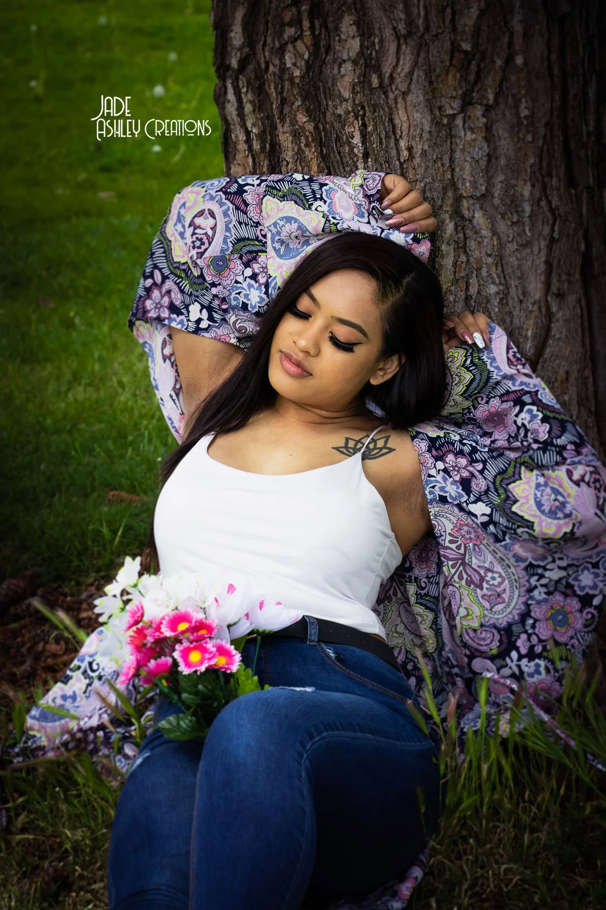 woman against a tree